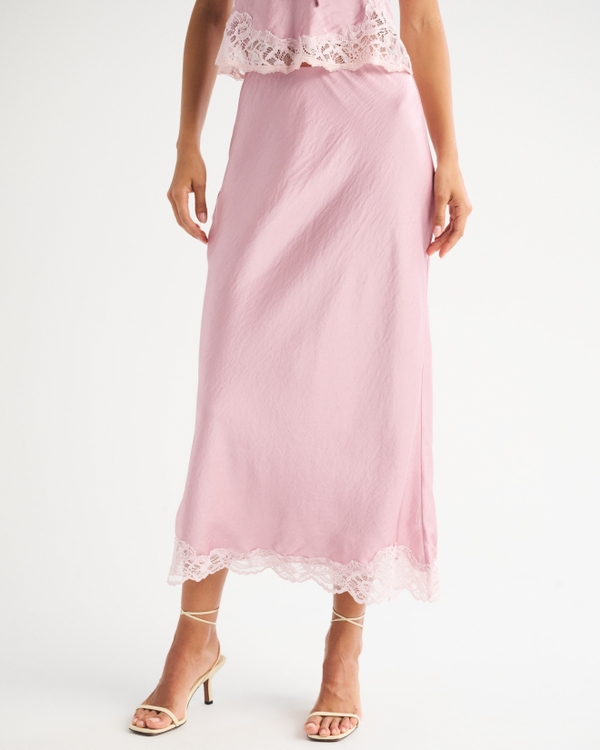 High Rise Satin Maxi Set Skirt, Pink view 2