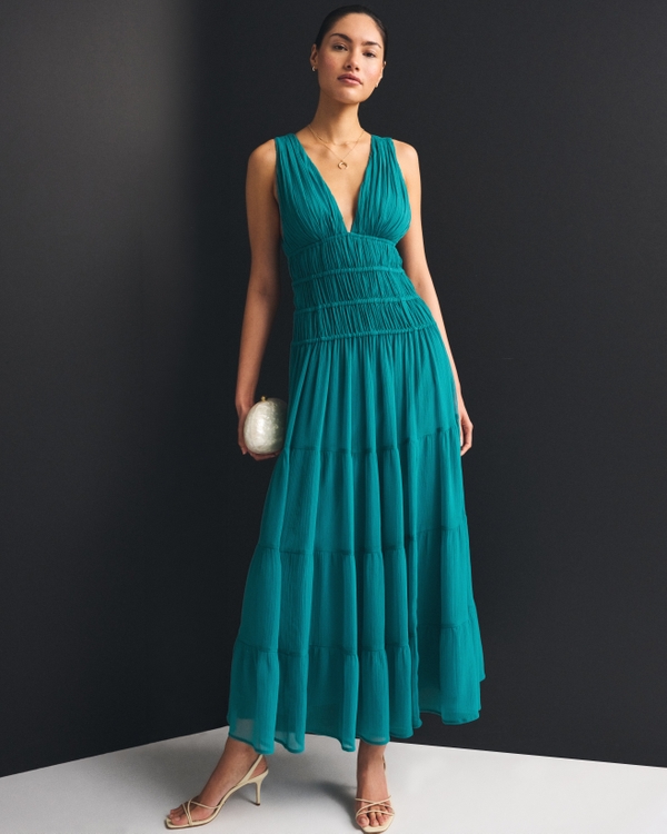 Plunge Flowy Maxi Dress, Teal view 1
