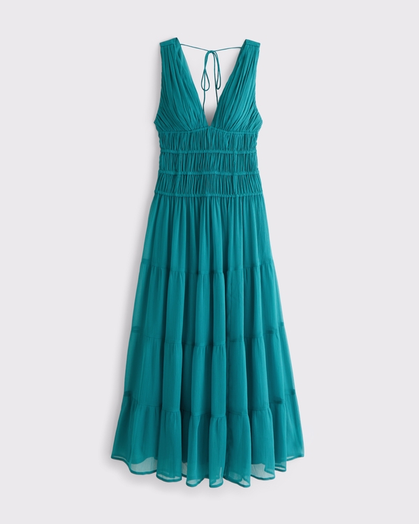 ruched crinkle maxi dress Express Women's Textured Strapless Ruched Tiered Smocked Back Maxi Dress in Purple XS