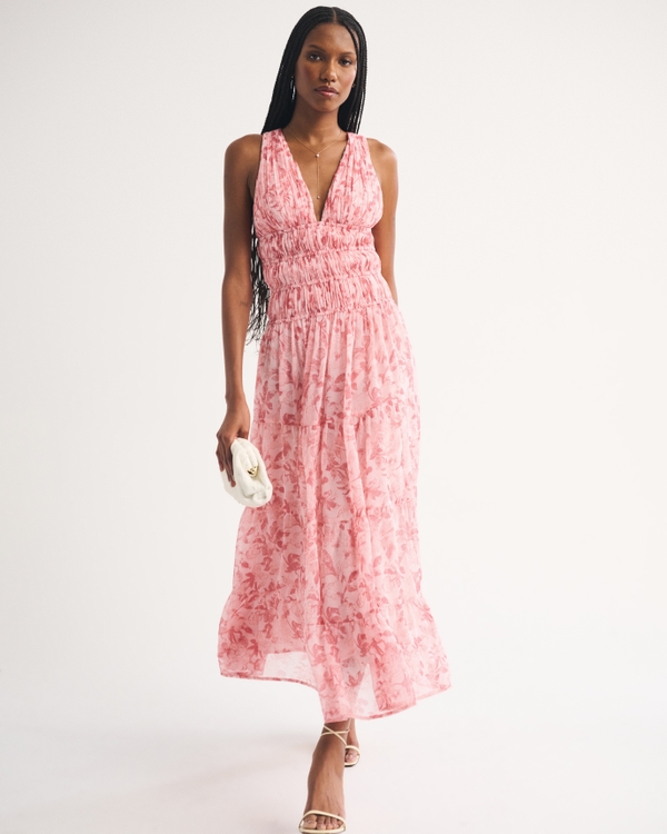 Plunge Flowy Maxi Dress, Pink Floral view 1