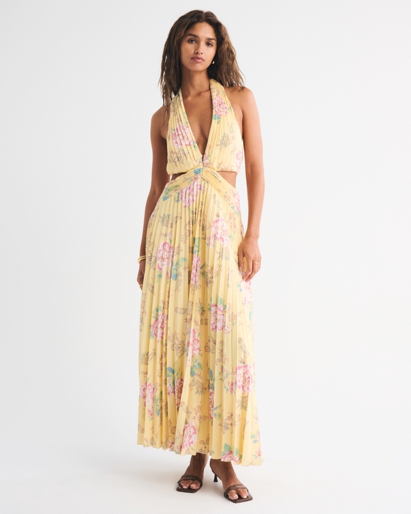 The A&F Giselle Plunge Halter Maxi Dress, Sunny Yellow Floral view 1