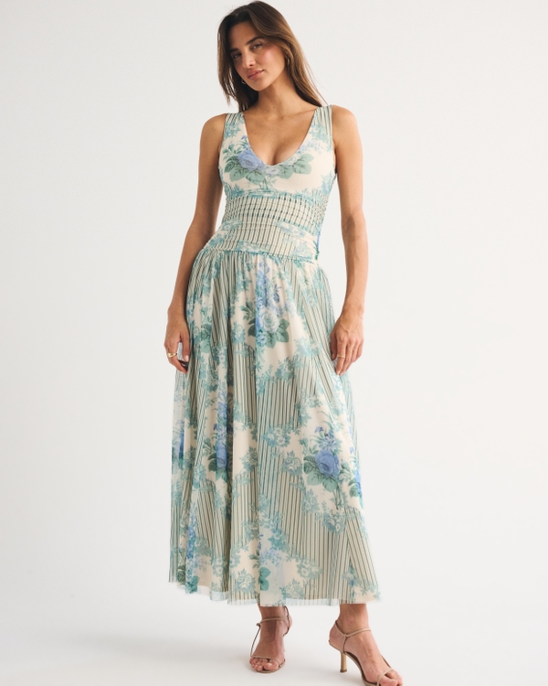 The A&F Convertible Mesh Maxi Dress, Green Stripe view 1