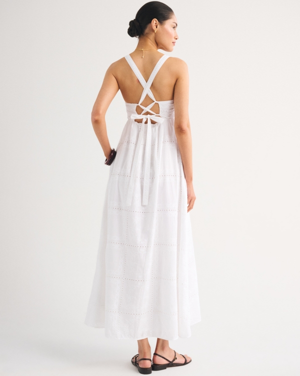 flowy white maxi dress with Contrast Trim May be worn with any standard bra Smocked 3/4 Sleeve Airflow V-Neck,