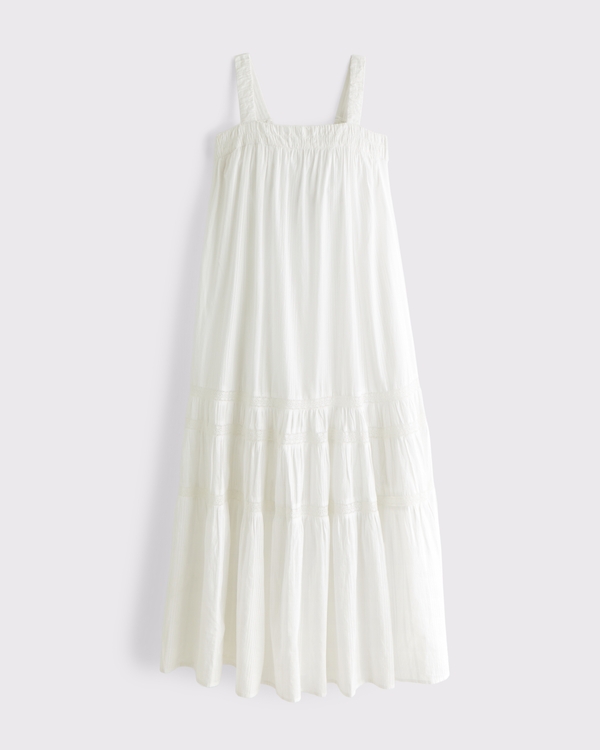 Women's 100% Cotton Tiered Flowy Maxi Dress in White | Size S PETITE | Abercrombie & Fitch