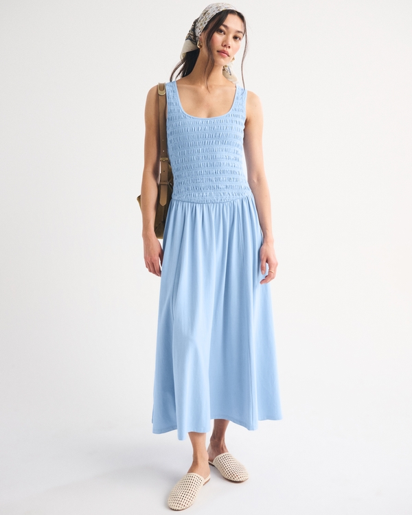 A&F Sydney Smocked Reversible Neckline Midi Dress, Light Blue view 1