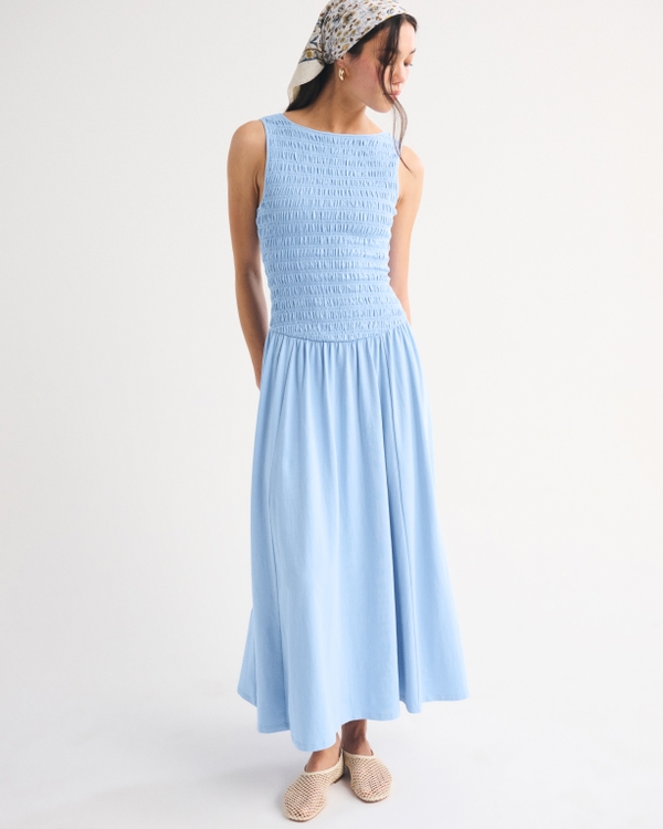 A&F Sydney Smocked Reversible Neckline Midi Dress, Light Blue view 2