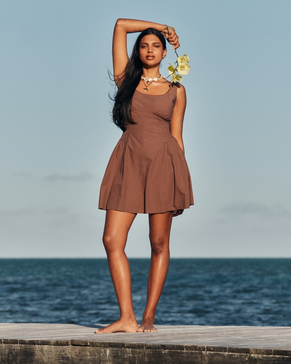 100% Cotton A&F Bra-Free Dylan Mini Dress, Brown view 1