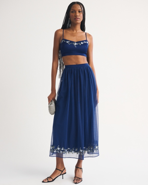 High Rise Embroidered Maxi Set Skirt, Midnight Blue view 1