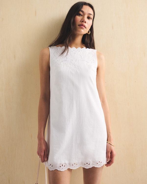 Embroidered High Neck Mini Dress, White view 1