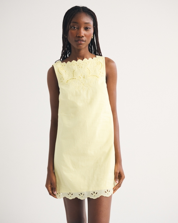 Embroidered High-Neck Mini Dress, Yellow view 1