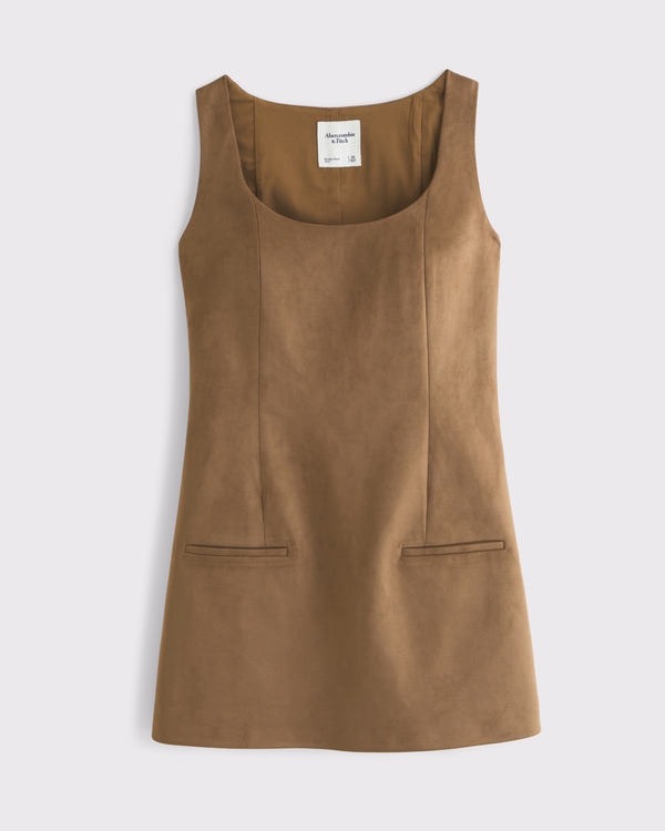 Vegan Suede Pinafore Mini Dress, Brown view 1