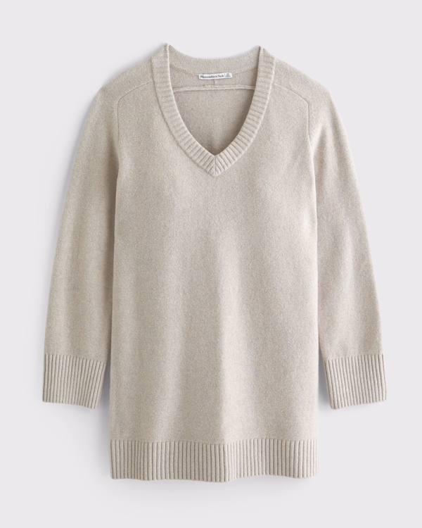 V-Neck Easy Mini Sweater Dress, Beige view 1