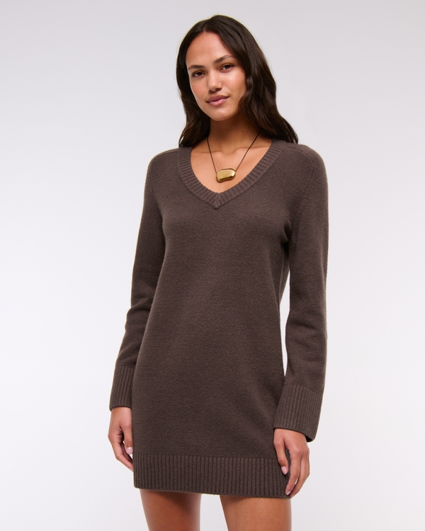 V-Neck Easy Mini Sweater Dress, Chocolate Brown view 1