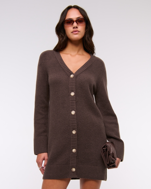 Cardigan Sweater Mini Dress, Chocolate Brown view 1