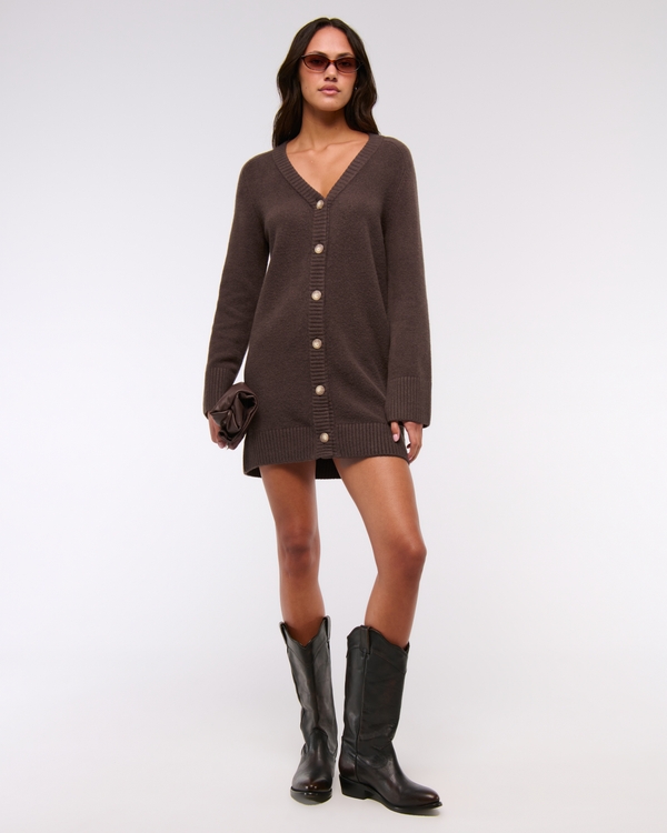 Cardigan Sweater Mini Dress, Chocolate Brown view 2