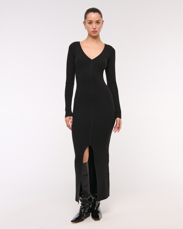 Long-Sleeve V-Neck Maxi Sweater Dress, Black view 1