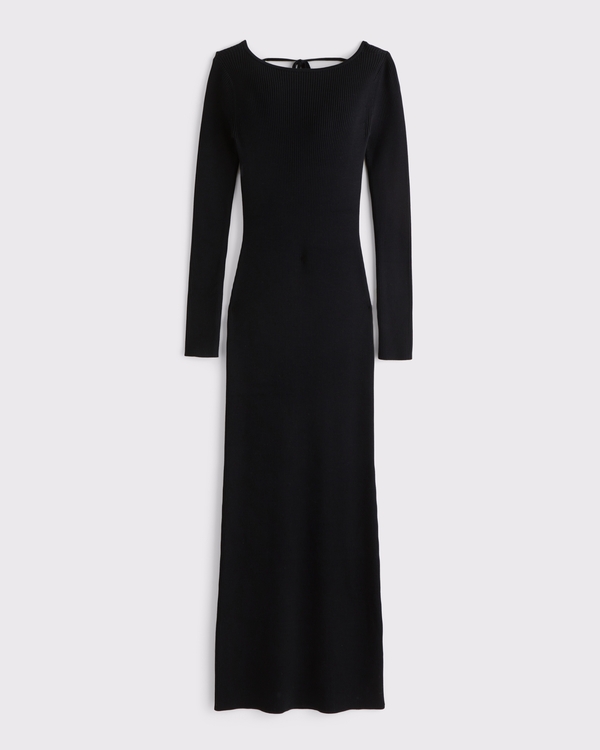 Long-Sleeve Backless Maxi Sweater Dress, Black view 1