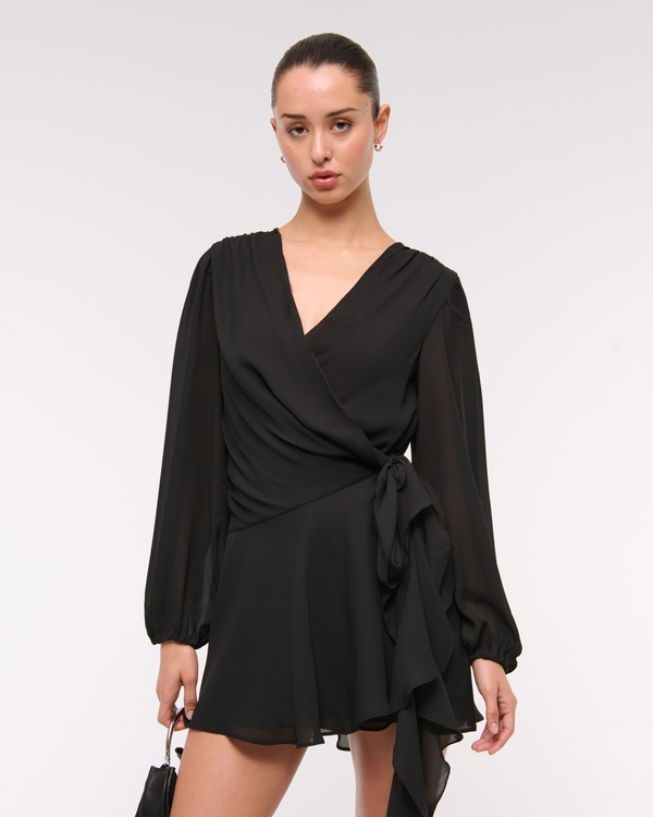 Long-Sleeve Draped Wrap Mini Dress, Black view 1