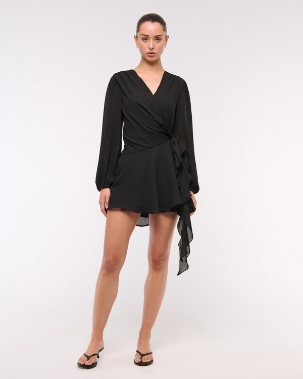 Long-Sleeve Draped Wrap Mini Dress, Black view 2