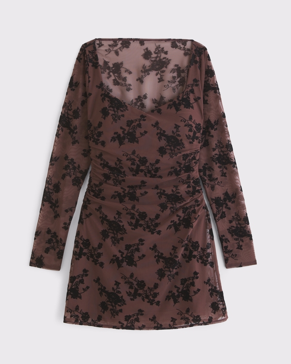 Bra-Free Sweetheart Mesh Mini Dress, Brown Floral view 1