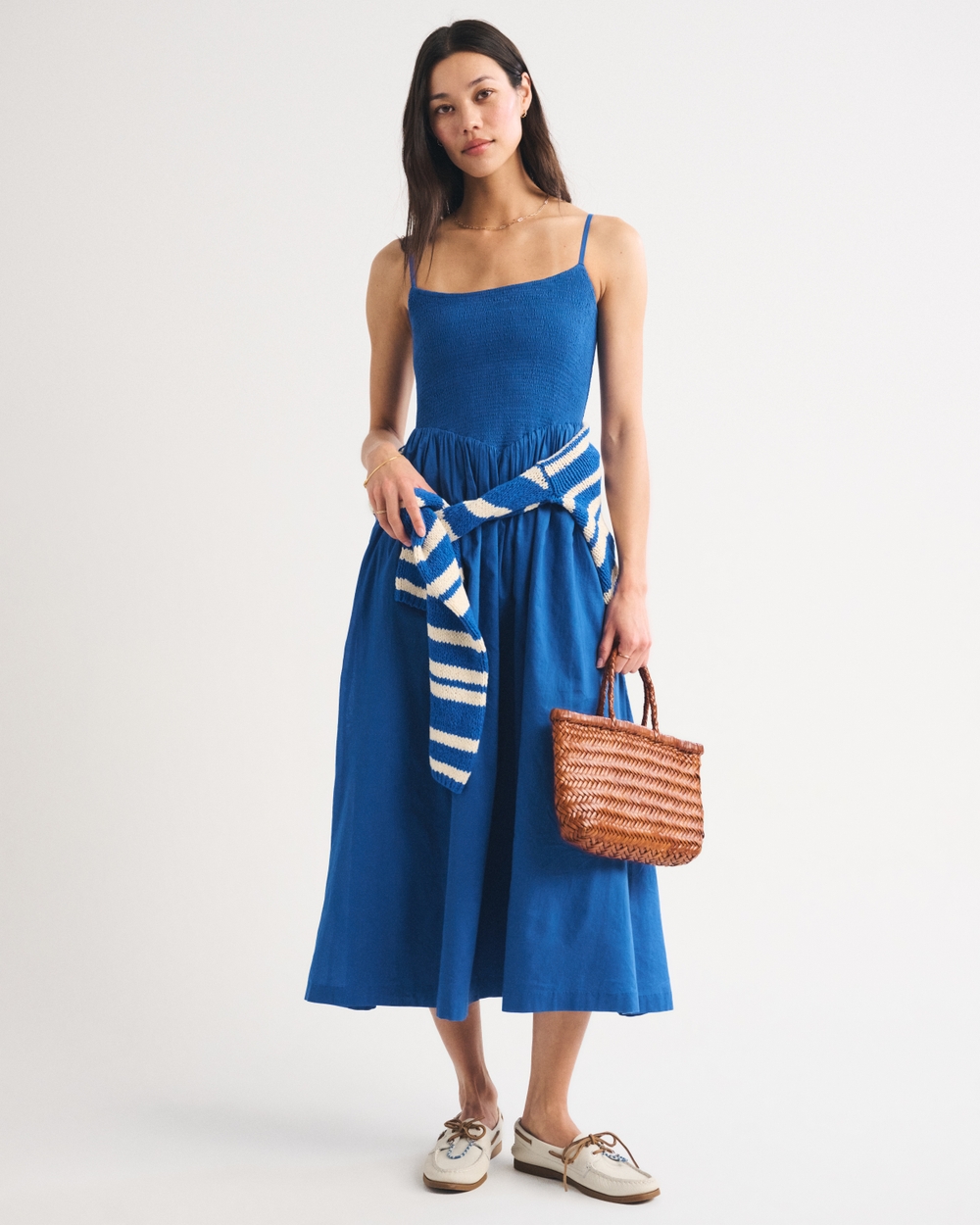 100% Cotton A&F Sydney Smocked Dipped-Waist Midi Dress