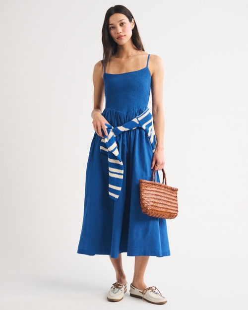 100% Cotton A&F Sydney Smocked Dipped-Waist Midi Dress