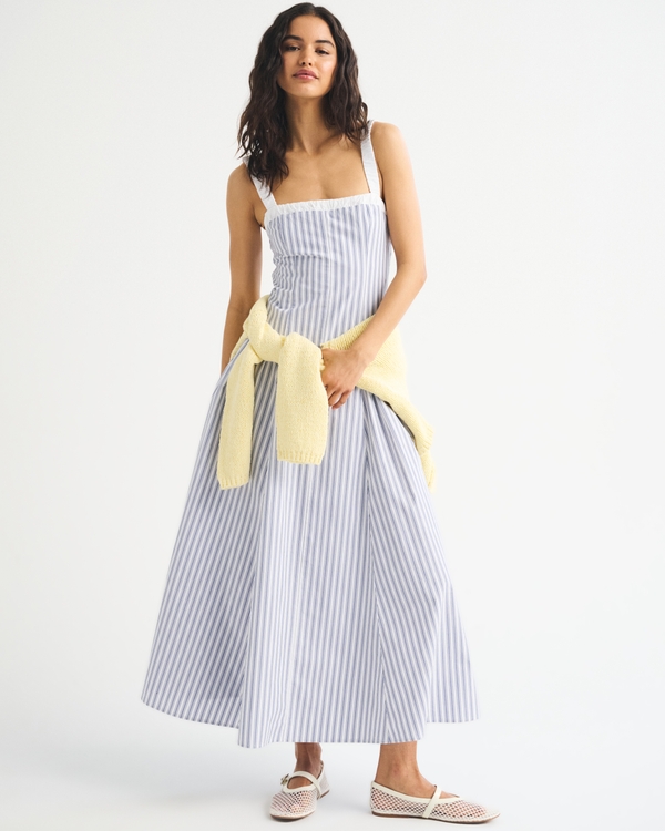 Ruched Neckline Dipped Waist Midi Dress, Blue Stripe view 1