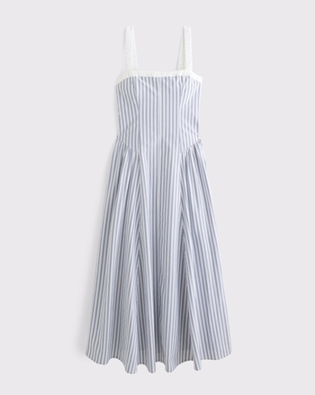 ABERCROMBIE & FITCH Women's 100% Cotton Ruched Neckline Dipped Waist Midi Dress | Women's New Arrivals | Abercrombie.com