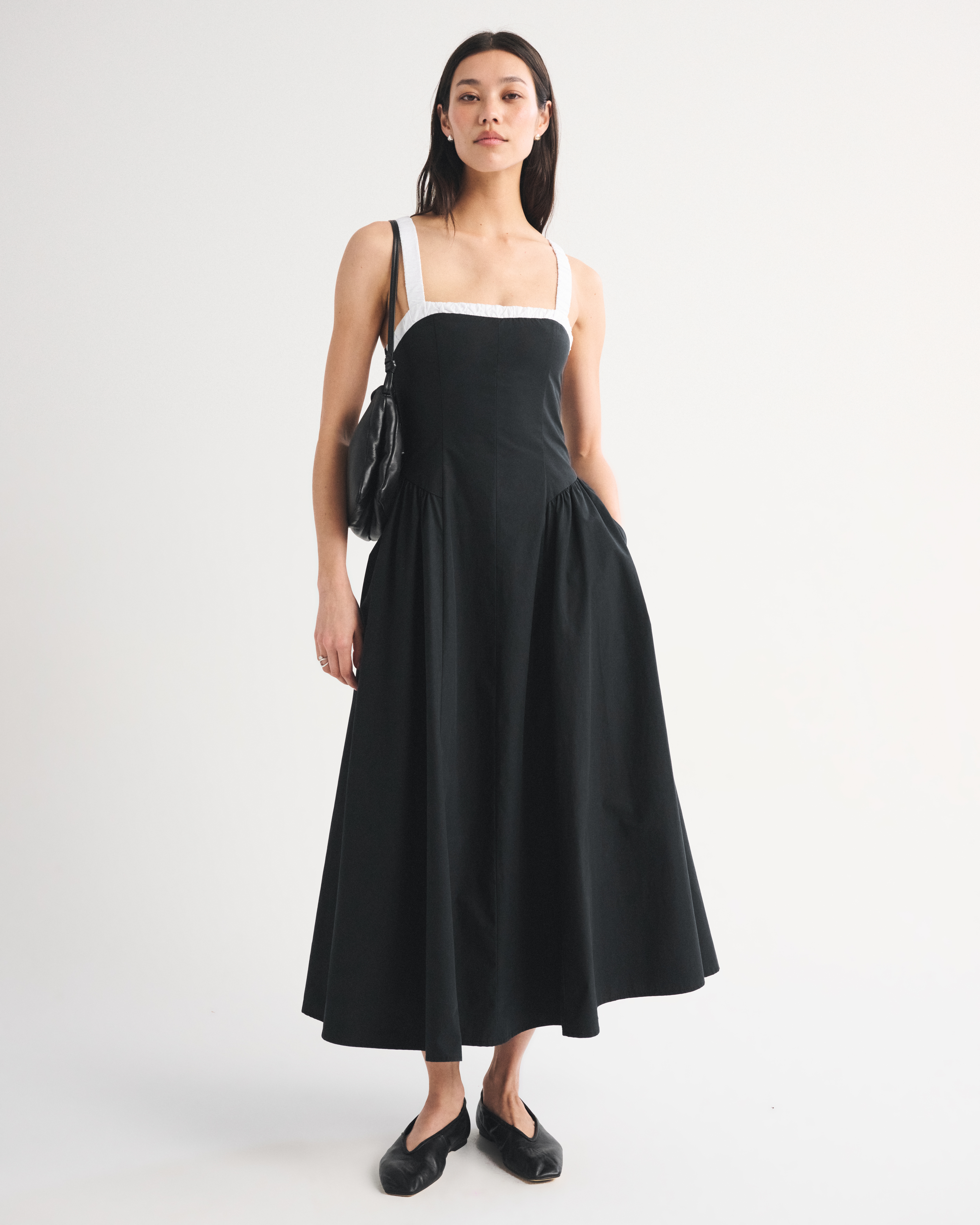 100% Cotton Ruched Neckline Dipped Waist Midi Dress