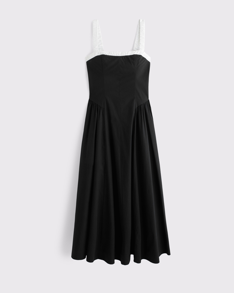 square neck midi dress abercrombie Women's 100% Cotton Ruched Neckline Dipped Waist Midi Dress in Black | Size L