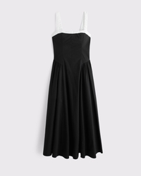 Ruched Neckline Dipped Waist Midi Dress
