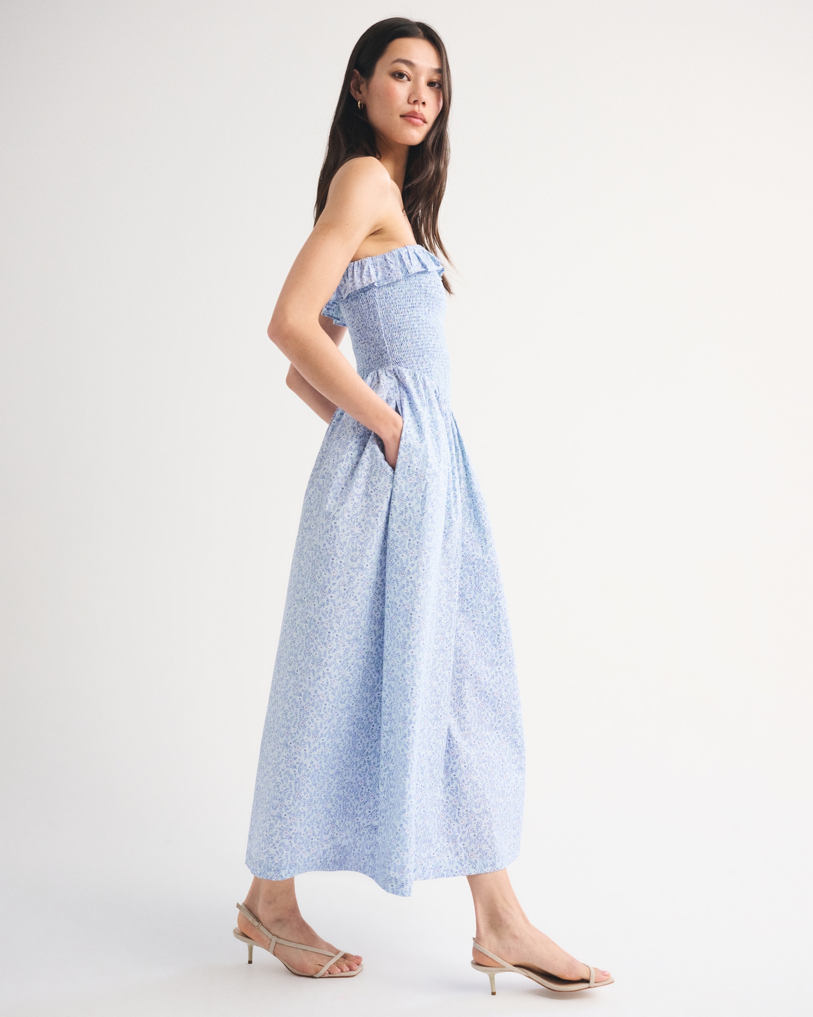 Abercrombie & Fitch A&F Sydney Smocked Strapless Dipped-Waist Midi