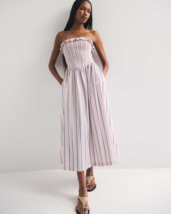 A&F Sydney Smocked Strapless Dipped-Waist Maxi Dress, Light Purple Stripe view 1