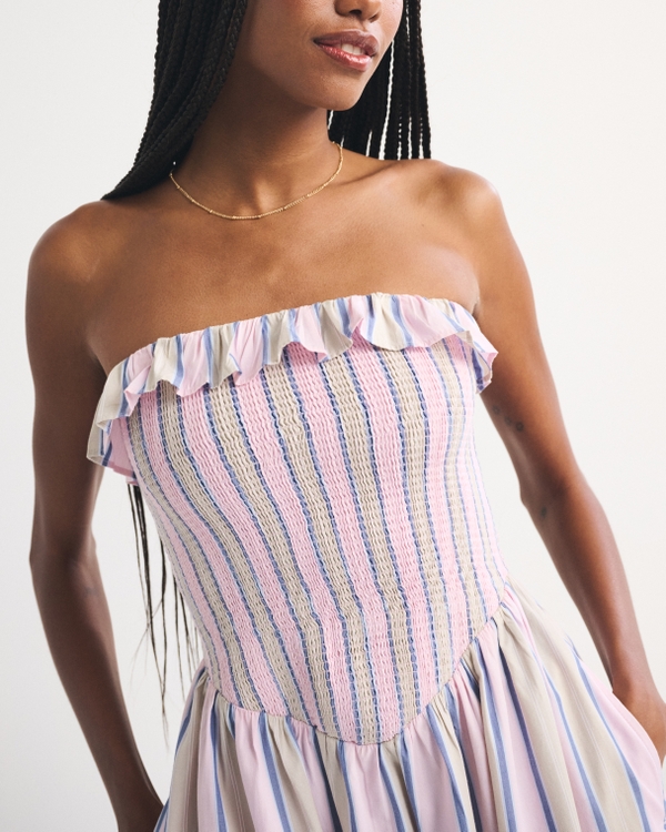 A&F Sydney Smocked Strapless Dipped-Waist Maxi Dress, Light Purple Stripe view 2