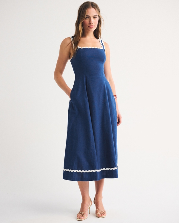 The A&F Mila Ric-Rac Linen-Blend Midi Dress, Midnight Blue view 1