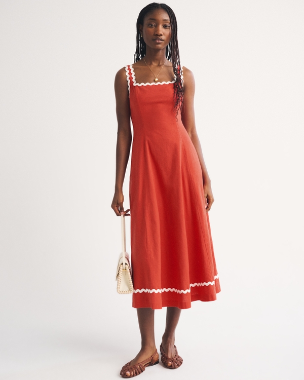 The A&F Mila Ric-Rac Linen-Blend Midi Dress, Red view 1