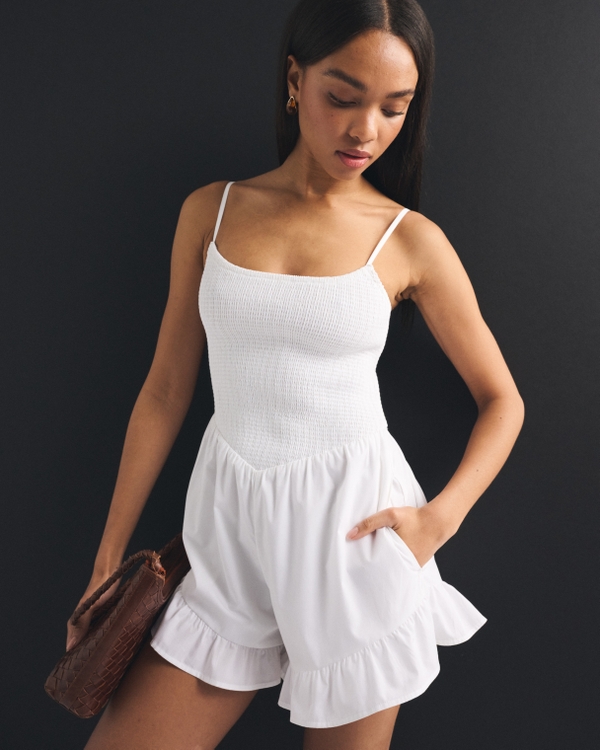 A&F Sydney Smocked Dipped-Waist Romper, White view 1