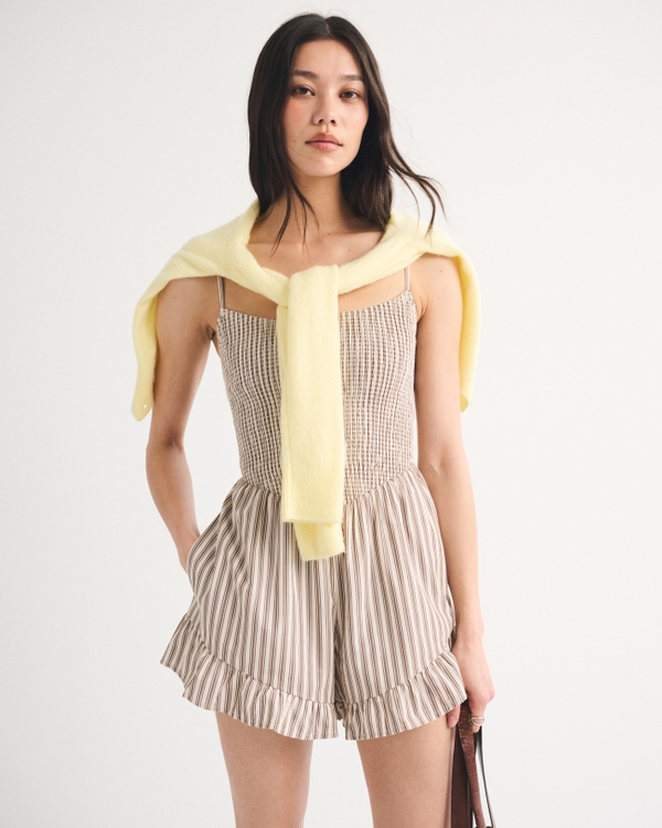 A&F Sydney Smocked Dipped-Waist Romper, Brown Stripe view 1