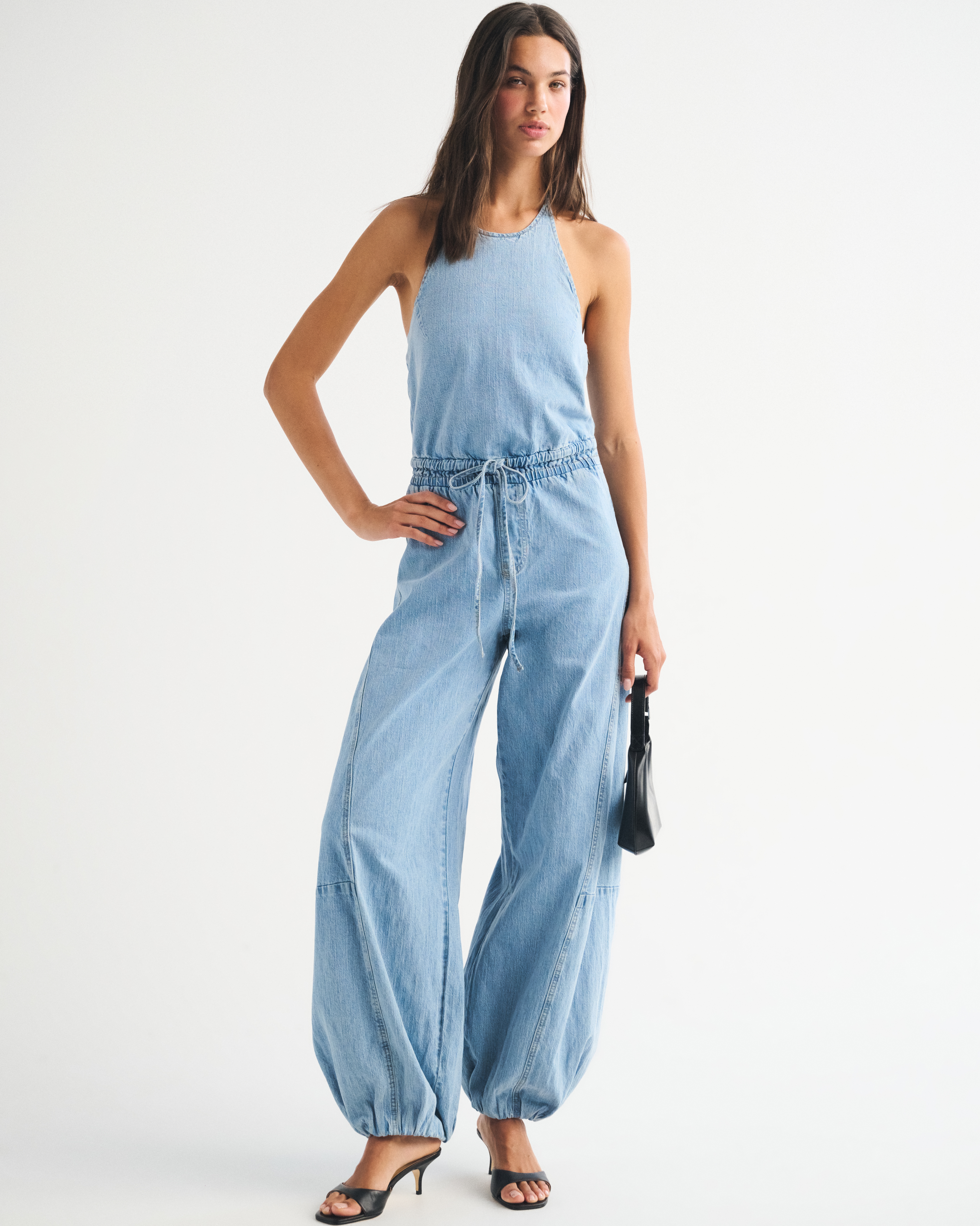High-Neck Linen-Blend Denim Balloon Leg Jumpsuit - Light Wash
