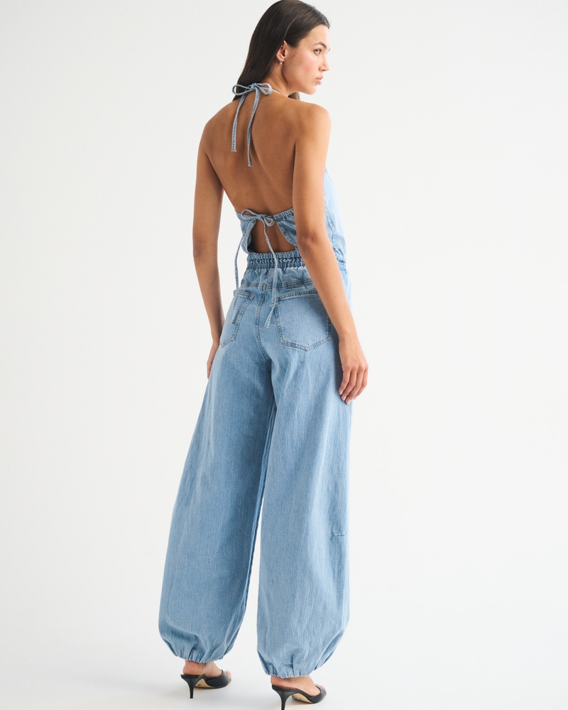 High-Neck Linen-Blend Denim Balloon Leg Jumpsuit - thumbnail 3