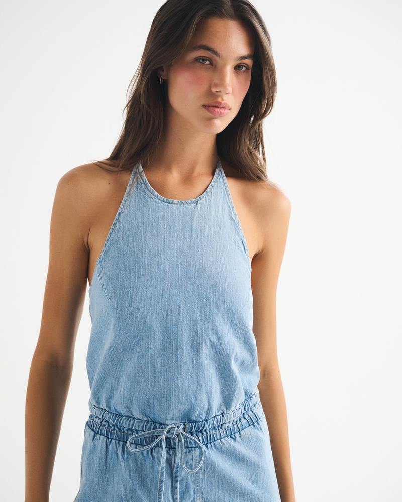 High-Neck Linen-Blend Denim Balloon Leg Jumpsuit - thumbnail 4