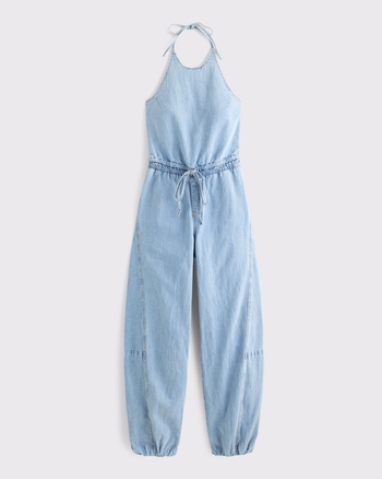 High-Neck Linen-Blend Denim Balloon Leg Jumpsuit from Abercrombie & Fitch - $130