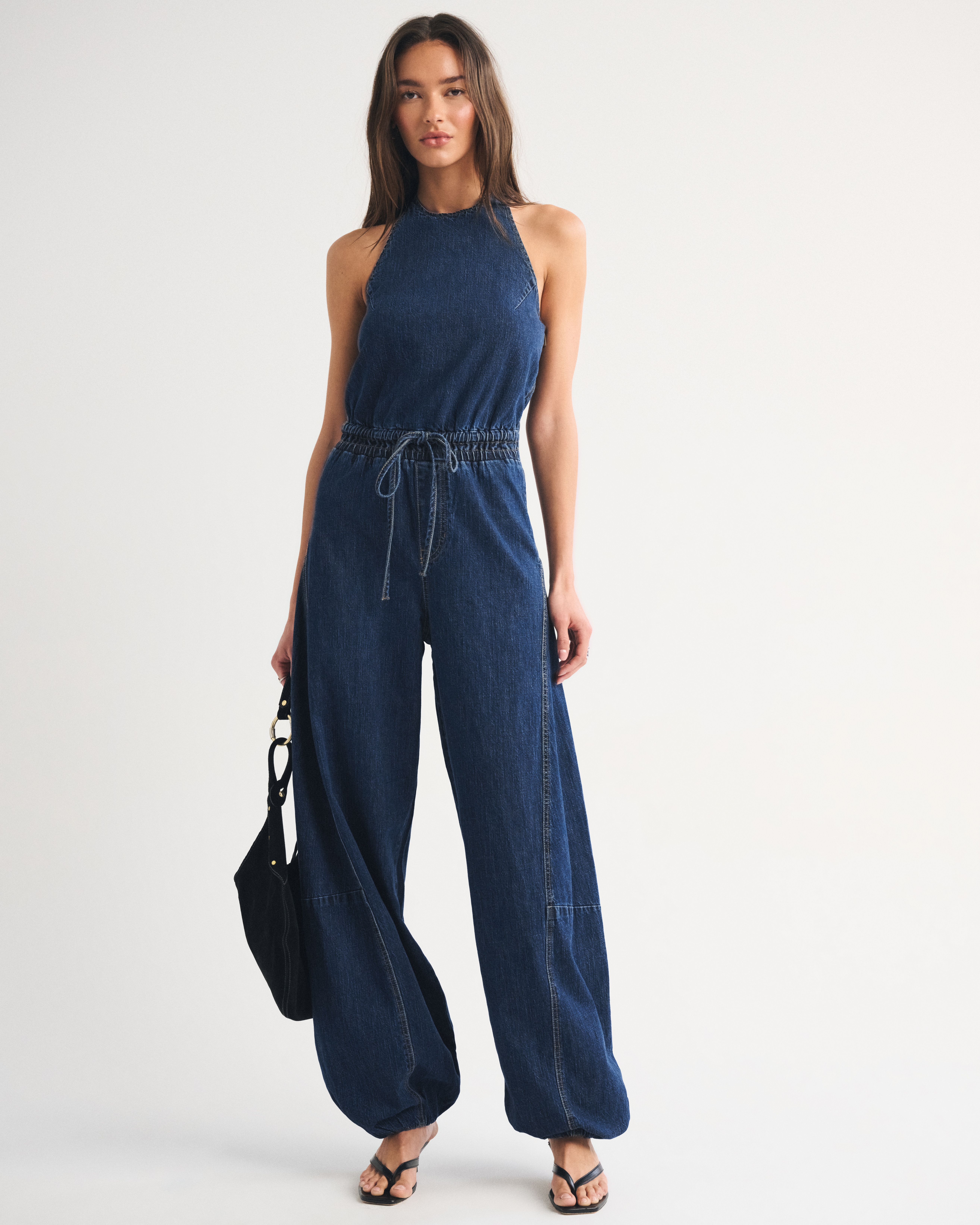 High-Neck Linen-Blend Denim Balloon Leg Jumpsuit - Light Wash