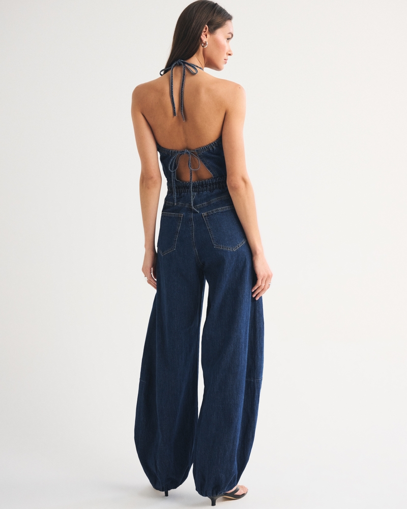 High-Neck Linen-Blend Denim Balloon Leg Jumpsuit - thumbnail 8