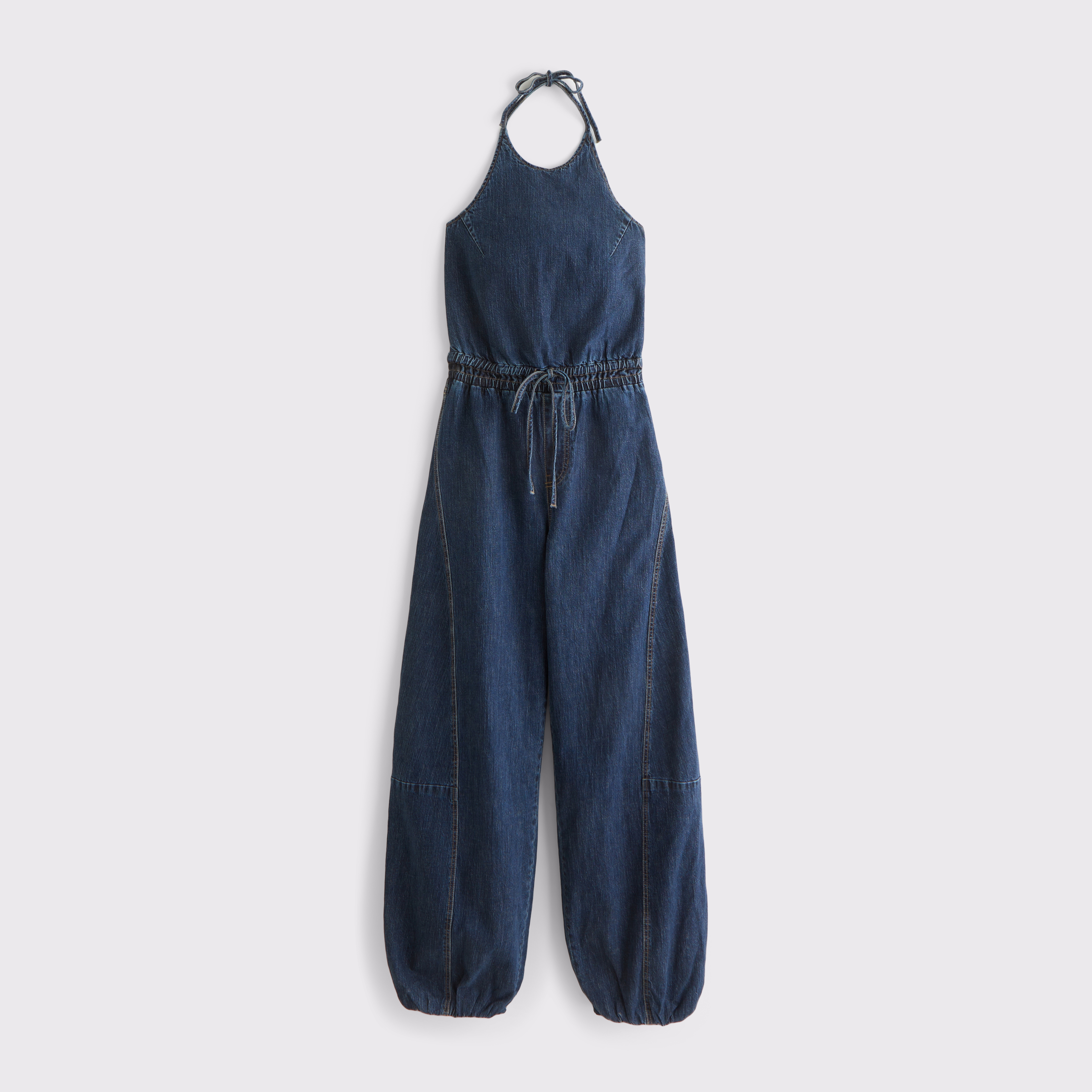Женский комбинезон Abercrombie & Fitch High-Neck Linen-Blend Denim Balloon Leg Jumpsuit, цвет: Тёмная варка