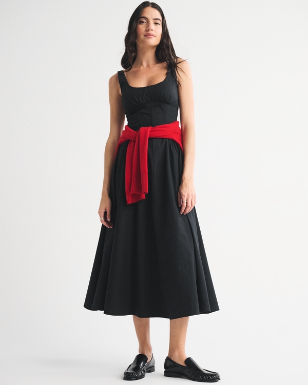 100% Cotton A&F Bra-Free Dylan Midi Dress, Black view 1