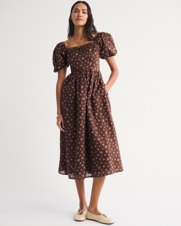 A&F Emerson Puff Sleeve Midi Dress, Brown Floral view 1