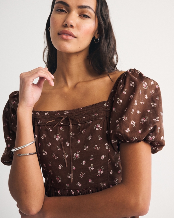 A&F Emerson Puff Sleeve Midi Dress, Brown Floral view 2
