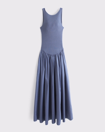 Mixed Fabric High-Neck Maxi Dress