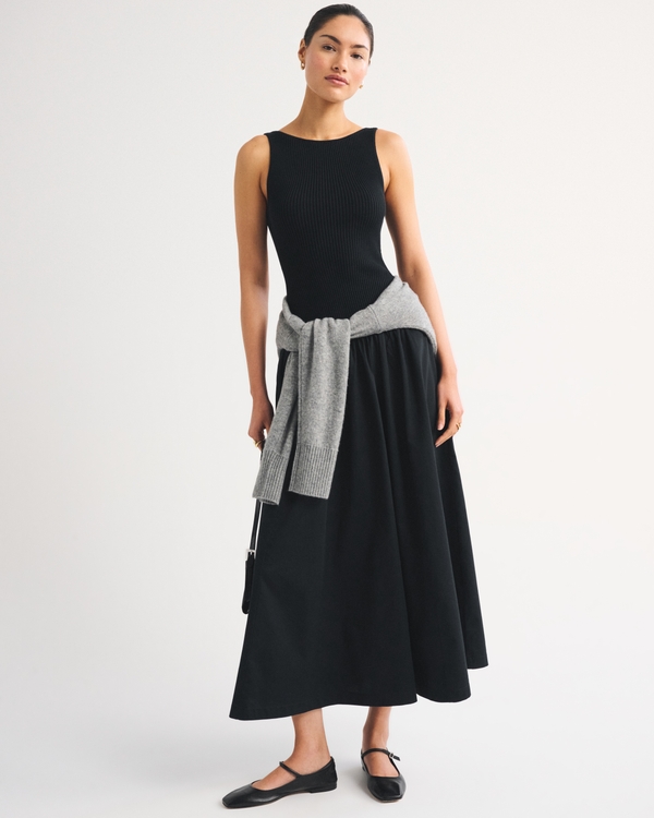 Mixed Fabric High Neck Maxi Dress, Black view 1